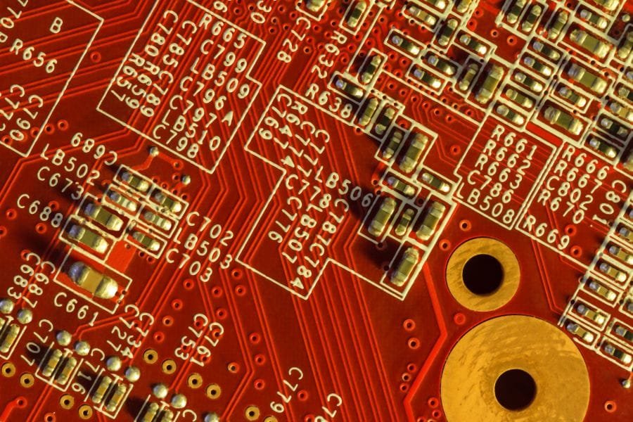 Electronic Printed Circuit Board in Red with Electronic Components