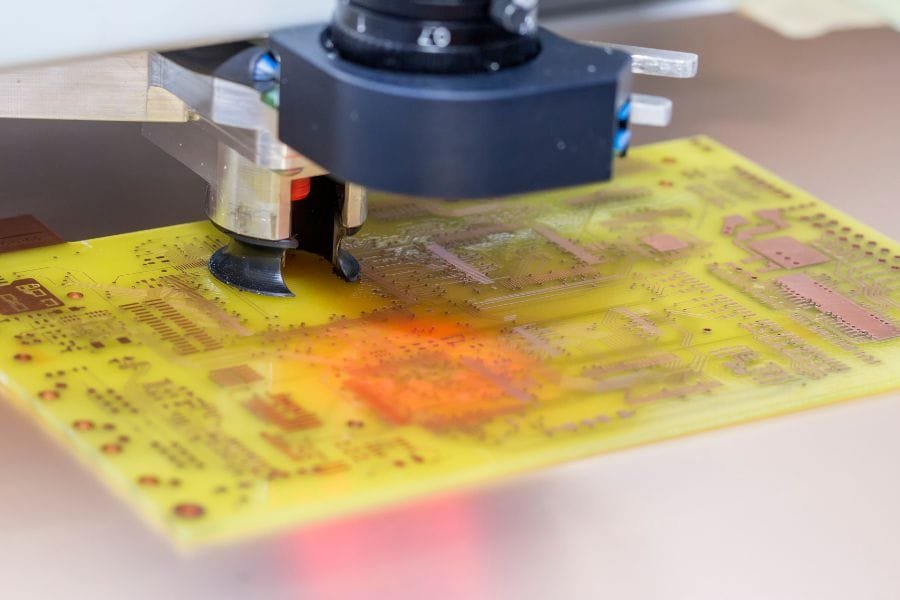 PCB Manufacturing - CNC Drill Machine Drilling a Printed Circuit Board.