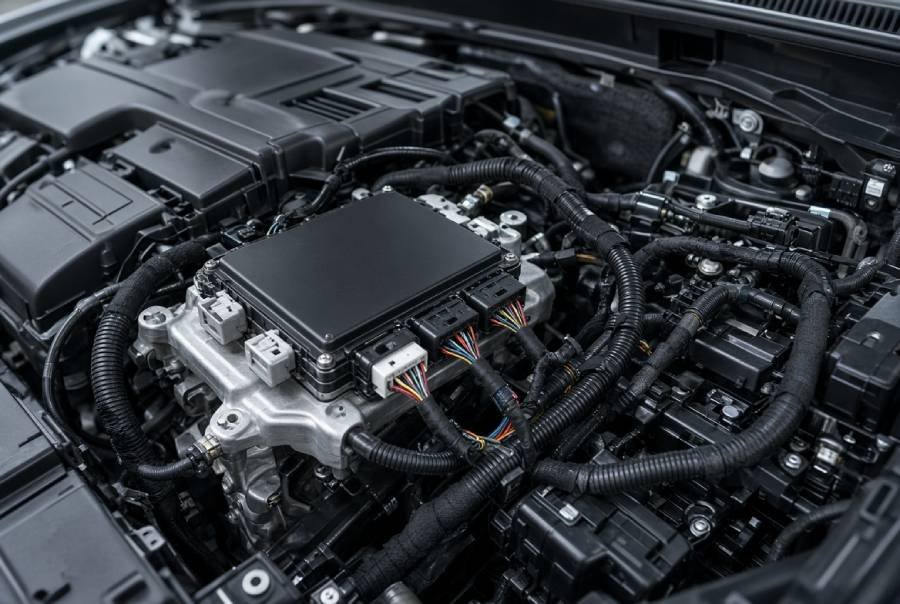 Lead-free PCB assembly for automotive electronics showing vehicle ECU and sensor modules in engine bay