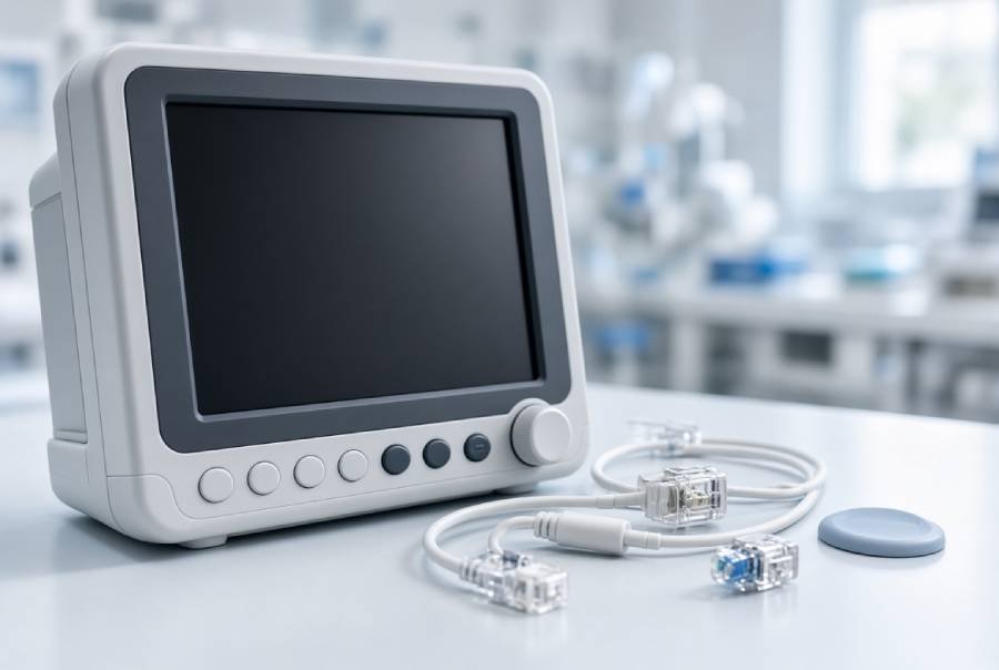 Lead-free PCB assembly for medical devices featuring patient monitor and diagnostic equipment in clinical setting